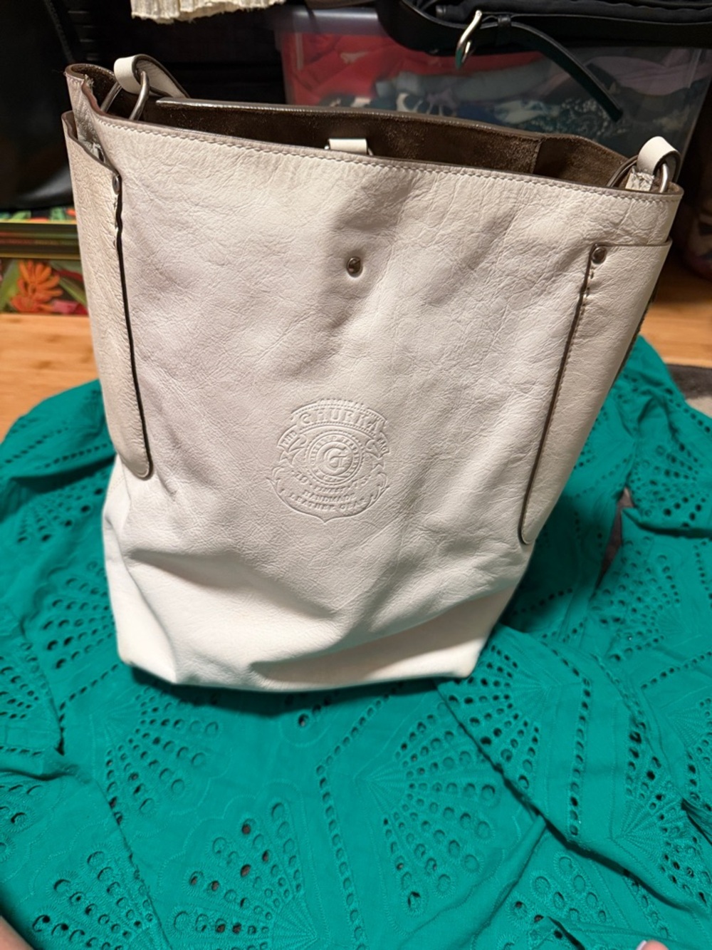 Ghurka White Leather Embossed Logo Tote